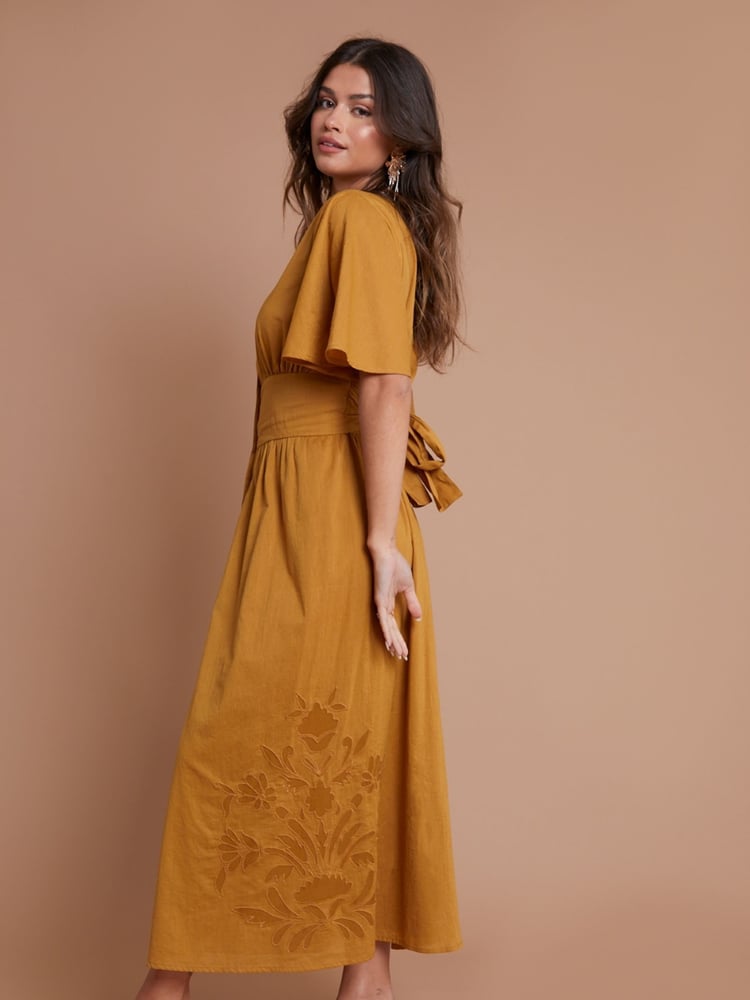 Another Sunday Gold Flutter Sleeve Button Through 100% Cotton Midi Dress With Embroidery - Image 2 of 2