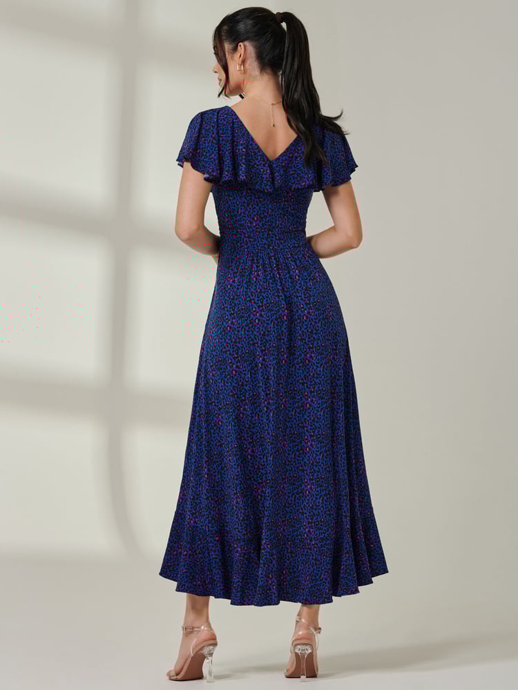 Jolie Moi Blue Animal Print Frill Maxi Dress - Image 2 of 6