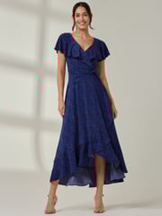 Jolie Moi Blue Animal Print Frill Maxi Dress - Image 4 of 6