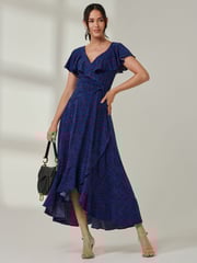 Jolie Moi Blue Animal Print Frill Maxi Dress - Image 5 of 6