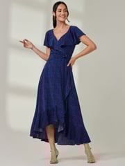 Jolie Moi Blue Animal Print Frill Maxi Dress - Image 6 of 6