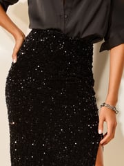 Lipsy Black Petite Sequin Column Midi Skirt - Image 3 of 4