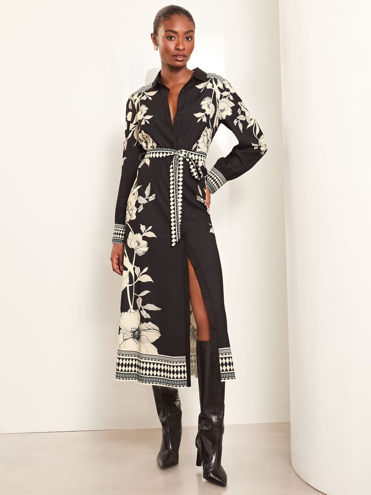 Lipsy Monochrome Button Through Midi Belted Shirt Dress - Image 2 of 4