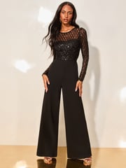 Lipsy Black Petite Long Sleeve Cross Front Sequin Jumpsuit - Image 1 of 4