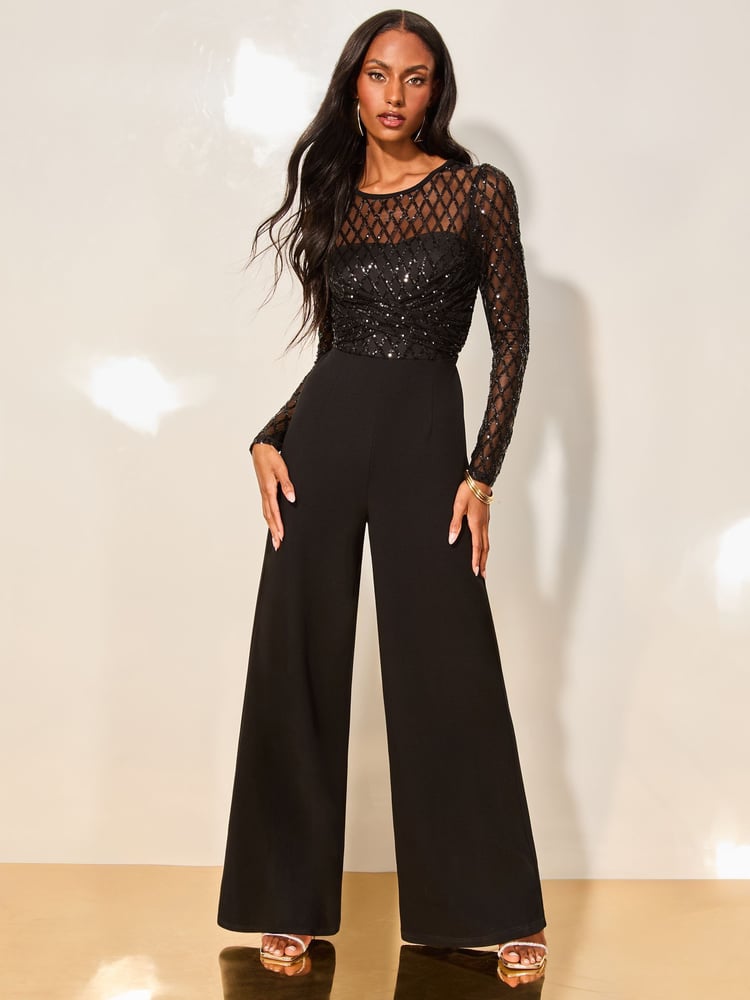 Lipsy Black Petite Long Sleeve Cross Front Sequin Jumpsuit - Image 1 of 4