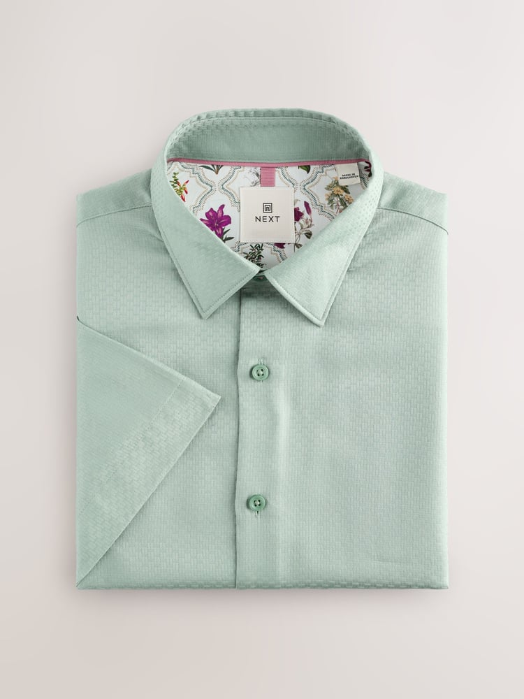 Green Regular Fit 100% Cotton Short Sleeve Textured Shirt - Image 1 of 6
