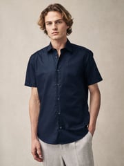 Navy Dobby Regular Fit 100% Cotton Short Sleeve Textured Shirt - Image 1 of 6