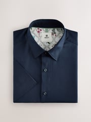 Navy Dobby Regular Fit 100% Cotton Short Sleeve Textured Shirt - Image 2 of 6