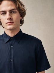 Navy Dobby Regular Fit 100% Cotton Short Sleeve Textured Shirt - Image 4 of 6