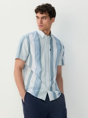 Light Blue/Denim Blue Short Sleeve With Button Down Collar Stripe Easy Iron Oxford Shirt - Image 1 of 8