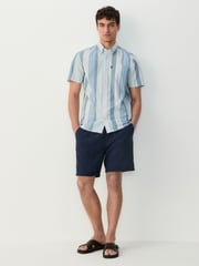 Light Blue/Denim Blue Short Sleeve With Button Down Collar Stripe Easy Iron Oxford Shirt - Image 2 of 8