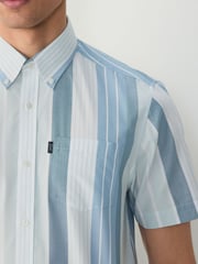 Light Blue/Denim Blue Short Sleeve With Button Down Collar Stripe Easy Iron Oxford Shirt - Image 4 of 8