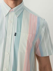 Blue/Pink/Green Pastel Short Sleeve With Button Down Collar Stripe Easy Iron Oxford Shirt - Image 4 of 8