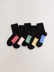 Black Checkerboard 5 Pack Cotton Rich Footbed Ankle School Socks - Image 1 of 4