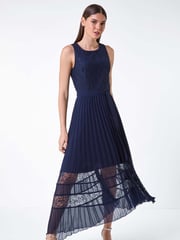 Roman Blue Pleated Lace Detail Midi Dress - Image 1 of 5