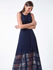 Roman Blue Pleated Lace Detail Midi Dress - Image 2 of 5