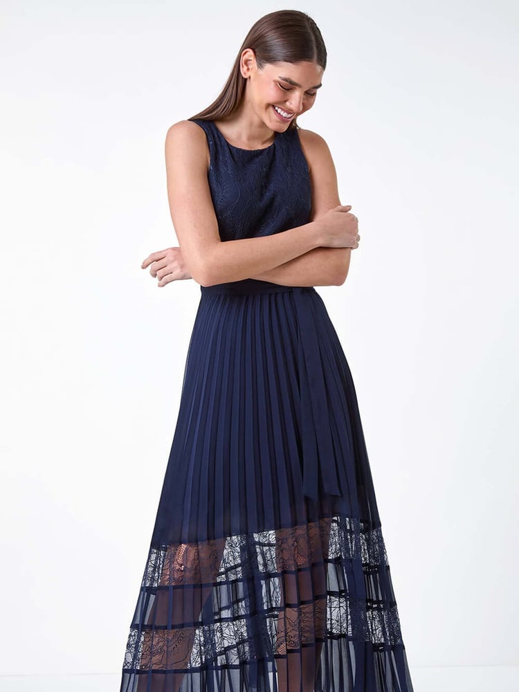 Roman Blue Pleated Lace Detail Midi Dress - Image 2 of 5