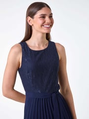 Roman Blue Pleated Lace Detail Midi Dress - Image 4 of 5