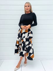 AX Paris Geometric Print 2 in 1 Long Sleeve Double Frill Split Black Midi Dress - Image 1 of 4