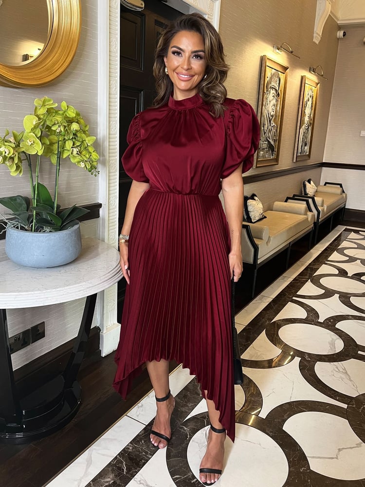 AX Paris High Neck Puff Sleeve Zig Zag Hem Pleated Midi Dress - Image 1 of 4