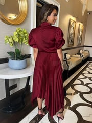 AX Paris High Neck Puff Sleeve Zig Zag Hem Pleated Midi Dress - Image 2 of 4
