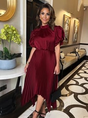 AX Paris High Neck Puff Sleeve Zig Zag Hem Pleated Midi Dress - Image 3 of 4