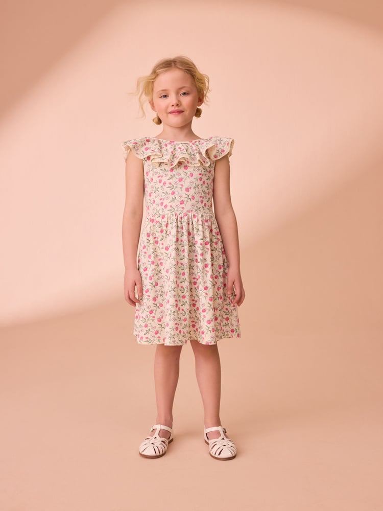 Laura Ashley Pink/Cream Strawberry Lace Trimmed Jersey 100% Cotton Dress - Image 1 of 5