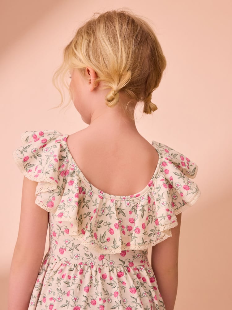 Laura Ashley Pink/Cream Strawberry Lace Trimmed Jersey 100% Cotton Dress - Image 2 of 5