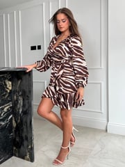 Girl In Mind Brown/White Mini Katrina Long Sleeve Dress - Image 2 of 4