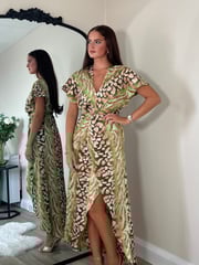 Girl In Mind Green Blair Animal Print Knot Detail Wrap Maxi Dress - Image 1 of 4