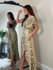 Girl In Mind Green Blair Animal Print Knot Detail Wrap Maxi Dress - Image 2 of 4