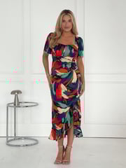Girl In Mind Green Red Abstract Heidi Ruched Midi Dress - Image 1 of 4