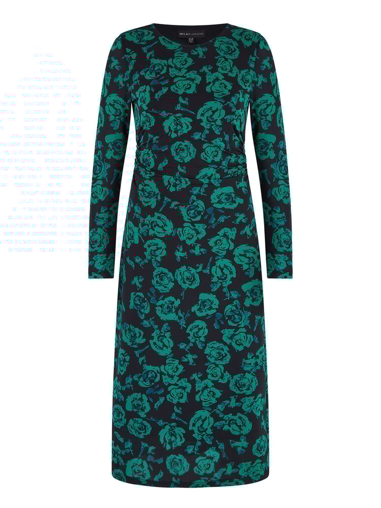 Yumi Green Floral Fitted Mesh Midi Dress With Long Sleeves - Image 5 of 5