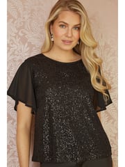 Yumi Black Sequin Top With Sheer Sleeves And Cut Out Back - Image 1 of 5