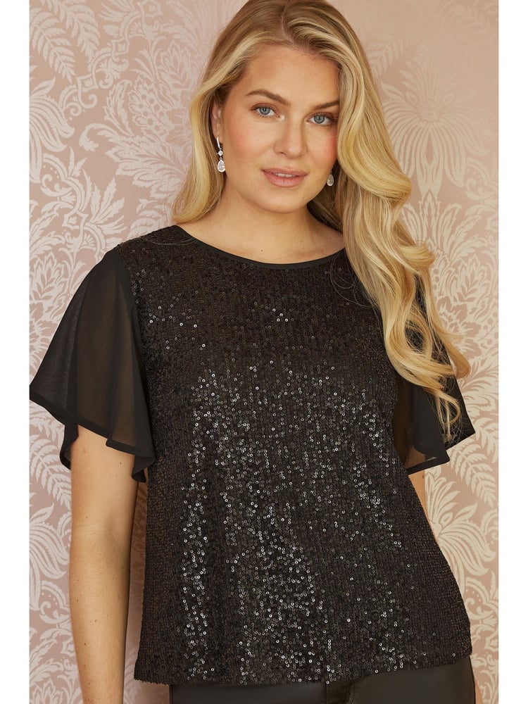 Yumi Black Sequin Top With Sheer Sleeves And Cut Out Back - Image 1 of 5