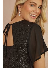 Yumi Black Sequin Top With Sheer Sleeves And Cut Out Back - Image 4 of 5