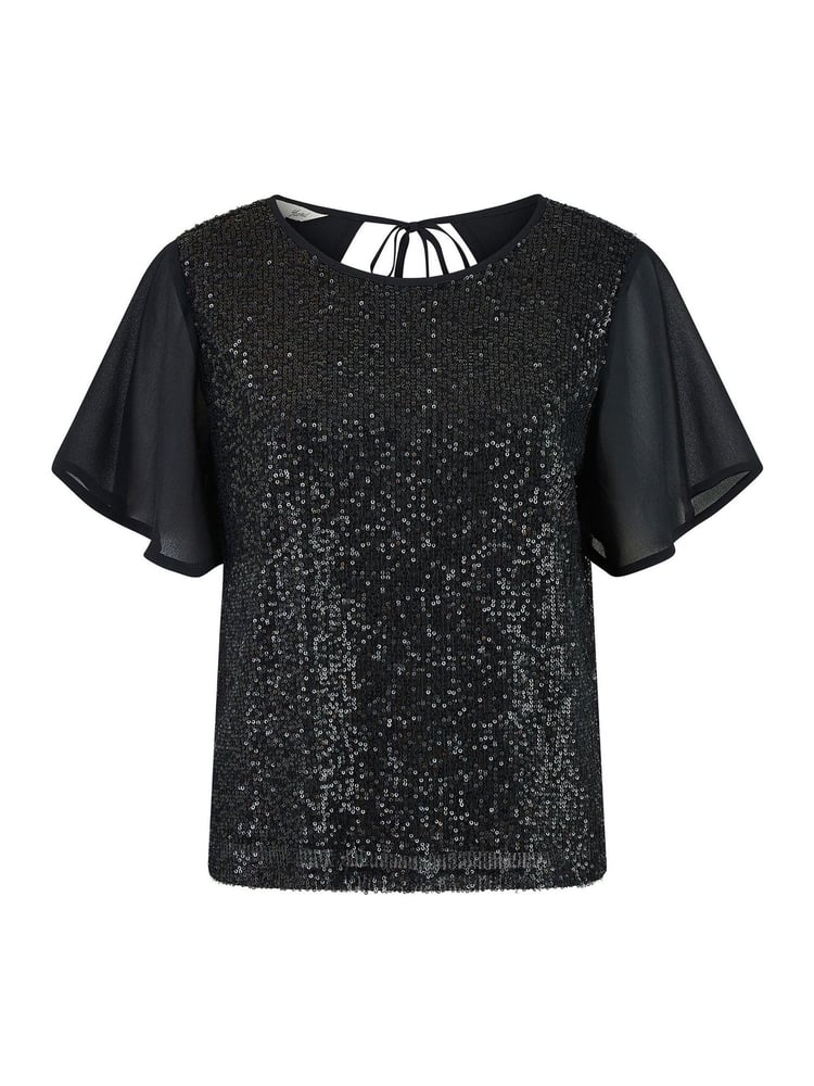 Yumi Black Sequin Top With Sheer Sleeves And Cut Out Back - Image 5 of 5