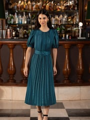 Yumi Green Satin Striped Midi Dress With Pleats and Matching Belt - Image 1 of 9