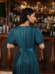 Yumi Green Satin Striped Midi Dress With Pleats and Matching Belt - Image 4 of 9