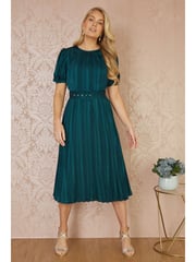 Yumi Green Satin Striped Midi Dress With Pleats and Matching Belt - Image 5 of 9