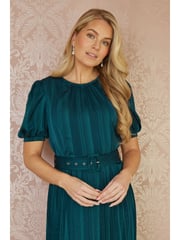 Yumi Green Satin Striped Midi Dress With Pleats and Matching Belt - Image 6 of 9