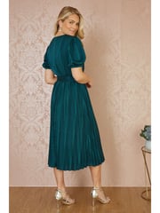 Yumi Green Satin Striped Midi Dress With Pleats and Matching Belt - Image 7 of 9