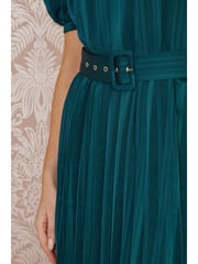 Yumi Green Satin Striped Midi Dress With Pleats and Matching Belt - Image 8 of 9