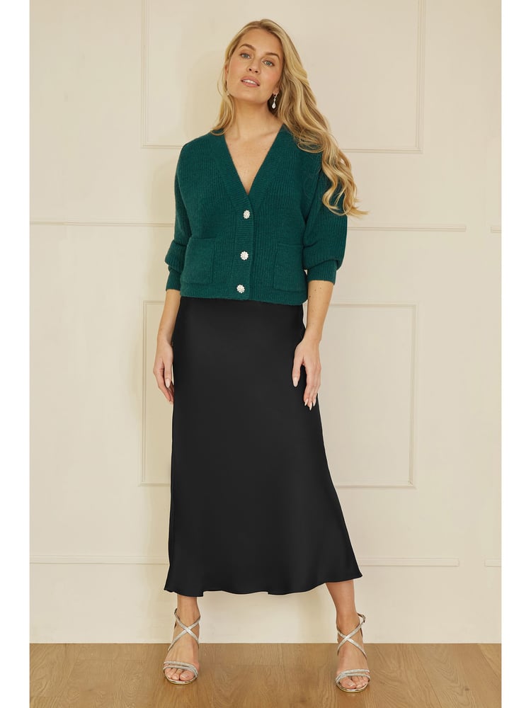 Yumi Black Satin Midi Skirt - Image 1 of 4