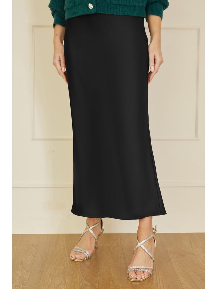 Yumi Black Satin Midi Skirt - Image 2 of 4