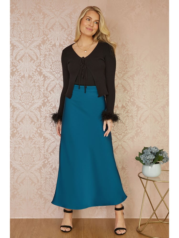 Yumi Blue Satin Midi Skirt - Image 1 of 4