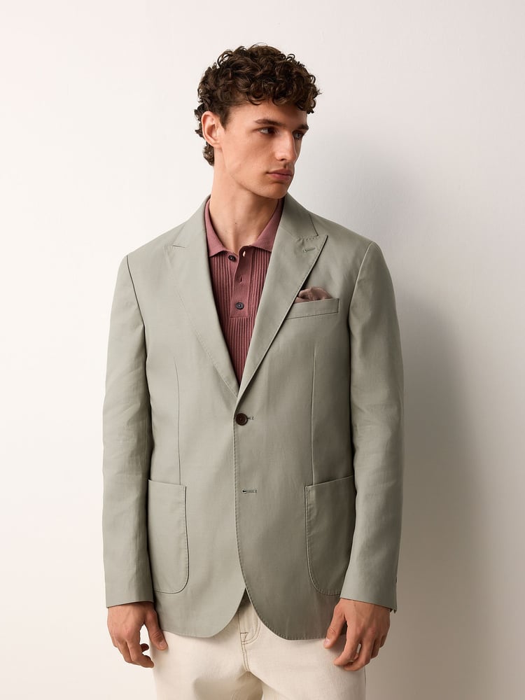 Sage Green Regular Fit Cotton Blend Blazer With Linen and Lyocell - Image 1 of 10