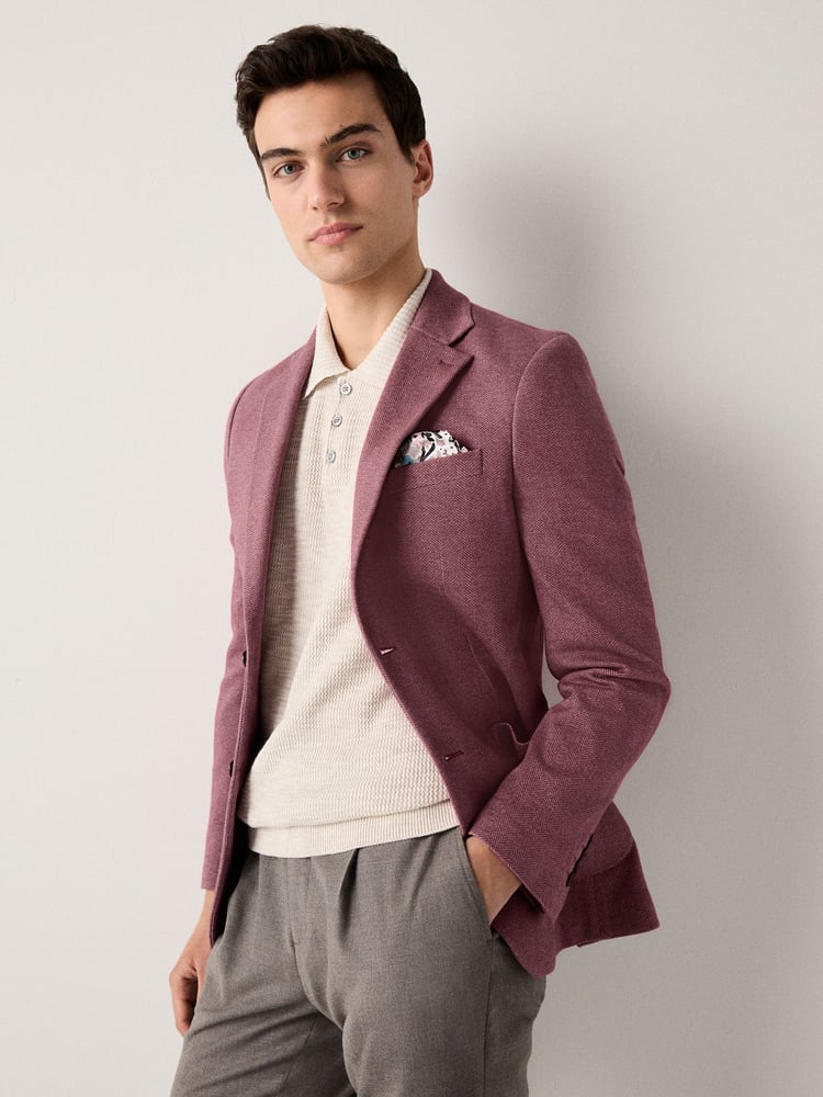 Pink Slim Fit Herringbone Jersey Blazer - Image 1 of 10
