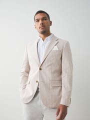 Neutral Slim Fit Striped Linen Blend Suit Jacket - Image 1 of 10