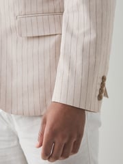 Neutral Slim Fit Striped Linen Blend Suit Jacket - Image 5 of 10
